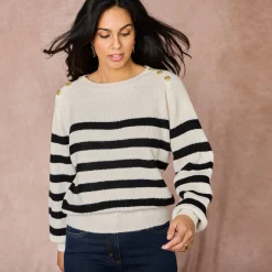 Trui En Vest<Blancheporte Gestreepte trui met goudkleurige knopen, patenttricot ecru / zwart