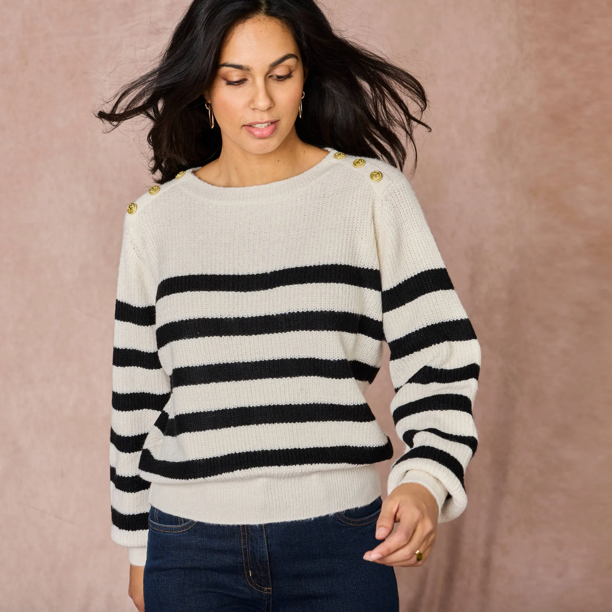 Trui En Vest<Blancheporte Gestreepte trui met goudkleurige knopen, patenttricot ecru / zwart