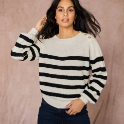 Trui En Vest<Blancheporte Gestreepte trui met goudkleurige knopen, patenttricot ecru / zwart