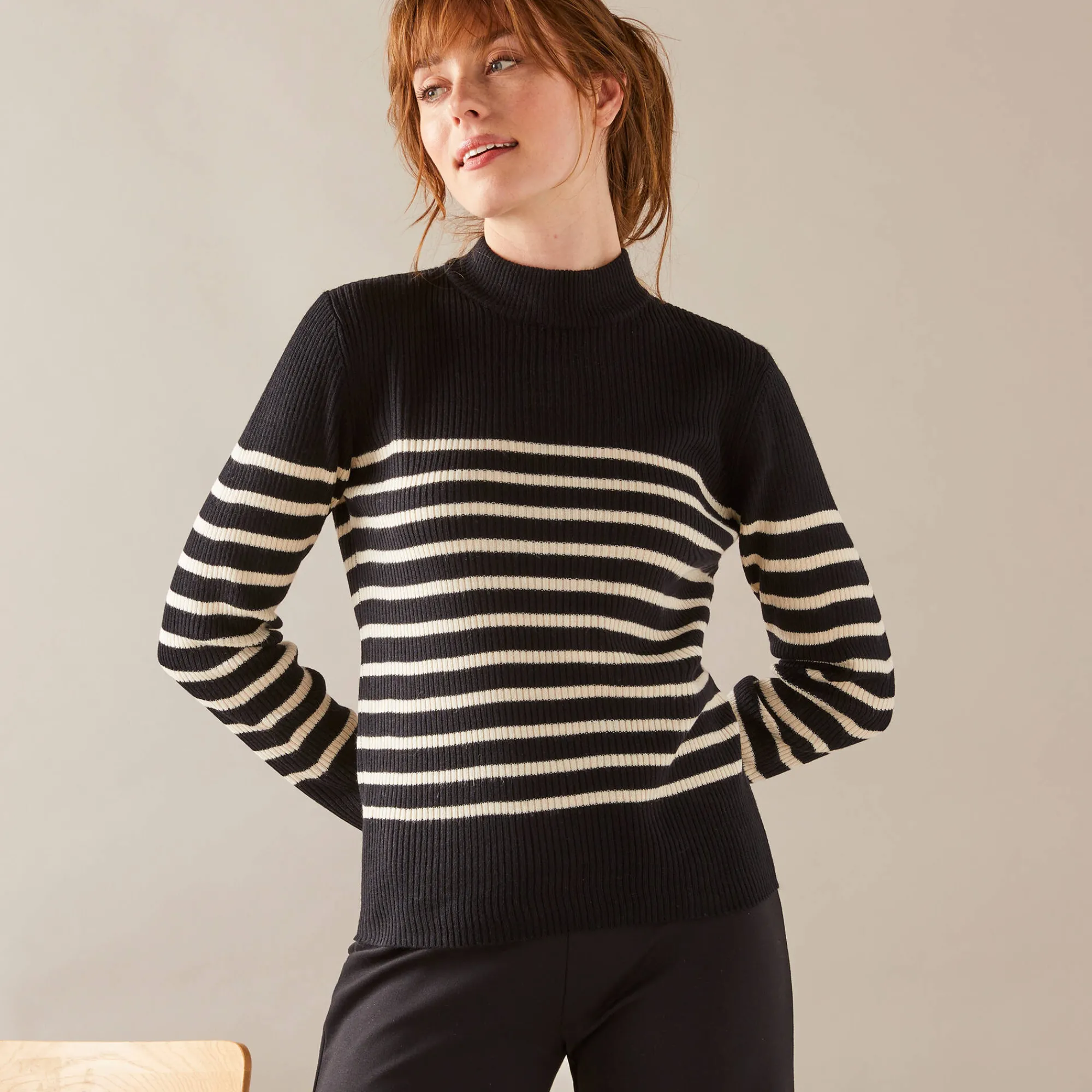 Trui En Vest<Blancheporte Gestreepte trui met opstaande hals, ribtricot zwart / ecru