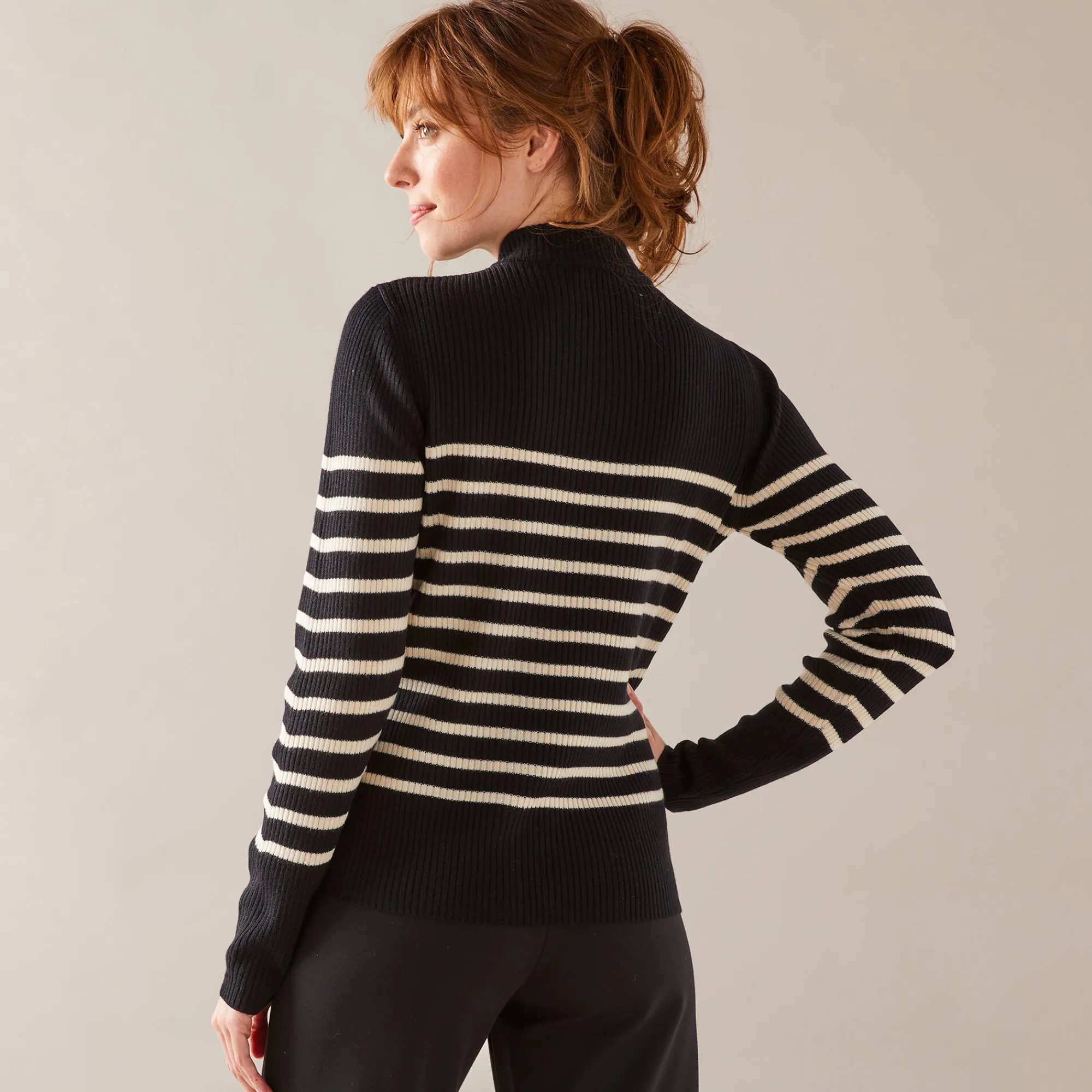 Trui En Vest<Blancheporte Gestreepte trui met opstaande hals, ribtricot zwart / ecru