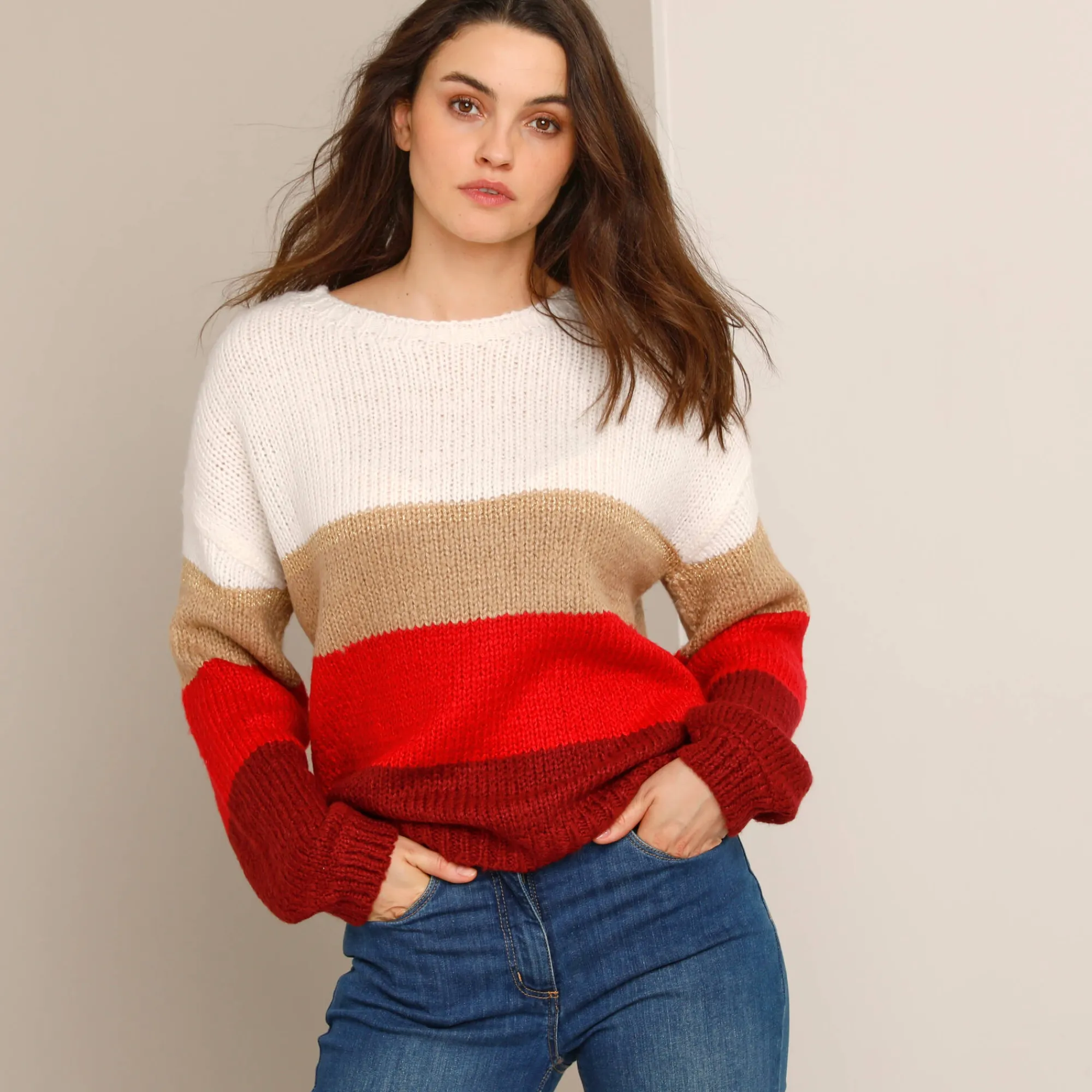 Trui En Vest<Blancheporte Gestreepte trui met ronde hals, mohairtouch ecru / rood