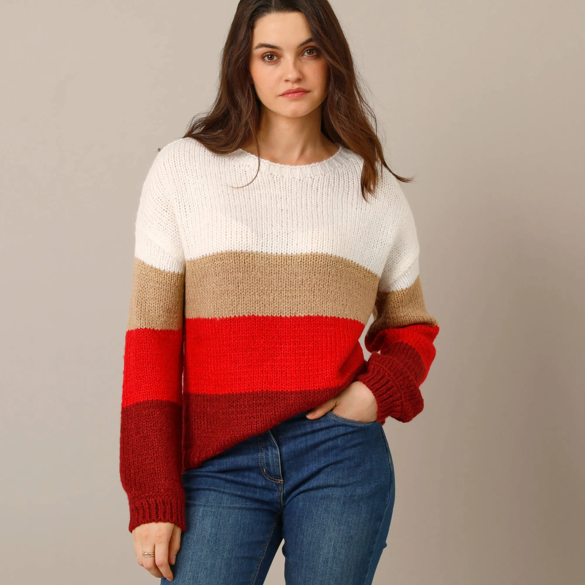 Trui En Vest<Blancheporte Gestreepte trui met ronde hals, mohairtouch ecru / rood