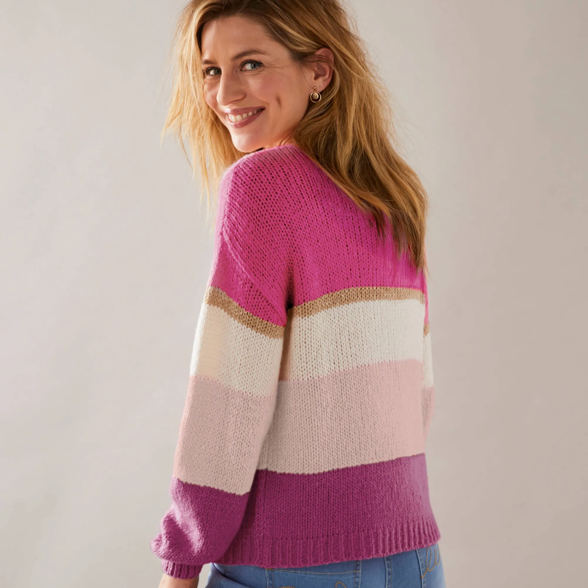 Trui En Vest<Blancheporte Gestreepte trui met ronde hals, mohairtouch roze / ecru