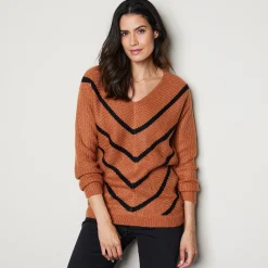 Trui En Vest<Blancheporte Gestreepte trui met V-hals - mohairtouch karamel / zwart