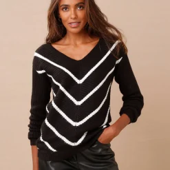 Trui En Vest<Blancheporte Gestreepte trui met V-hals - mohairtouch zwart / wit