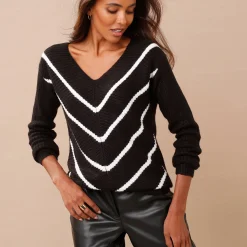 Trui En Vest<Blancheporte Gestreepte trui met V-hals - mohairtouch zwart / wit