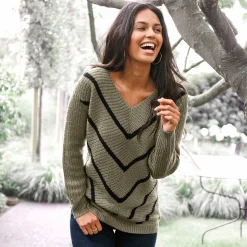 Trui En Vest<Blancheporte Gestreepte trui met V-hals - mohairtouch kaki / zwart