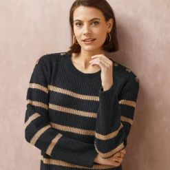 Jurk<Blancheporte Gestreepte trui-jurk met lange mouwen, knopen aan de schouders marine / taupe