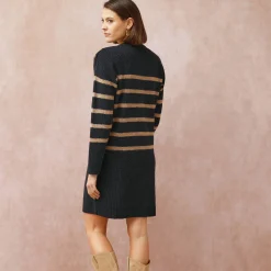 Jurk<Blancheporte Gestreepte trui-jurk met lange mouwen, knopen aan de schouders marine / taupe