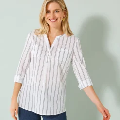 Bloes En Tuniek<Blancheporte Gestreepte tuniek met oprolbare mouwen wit / marine