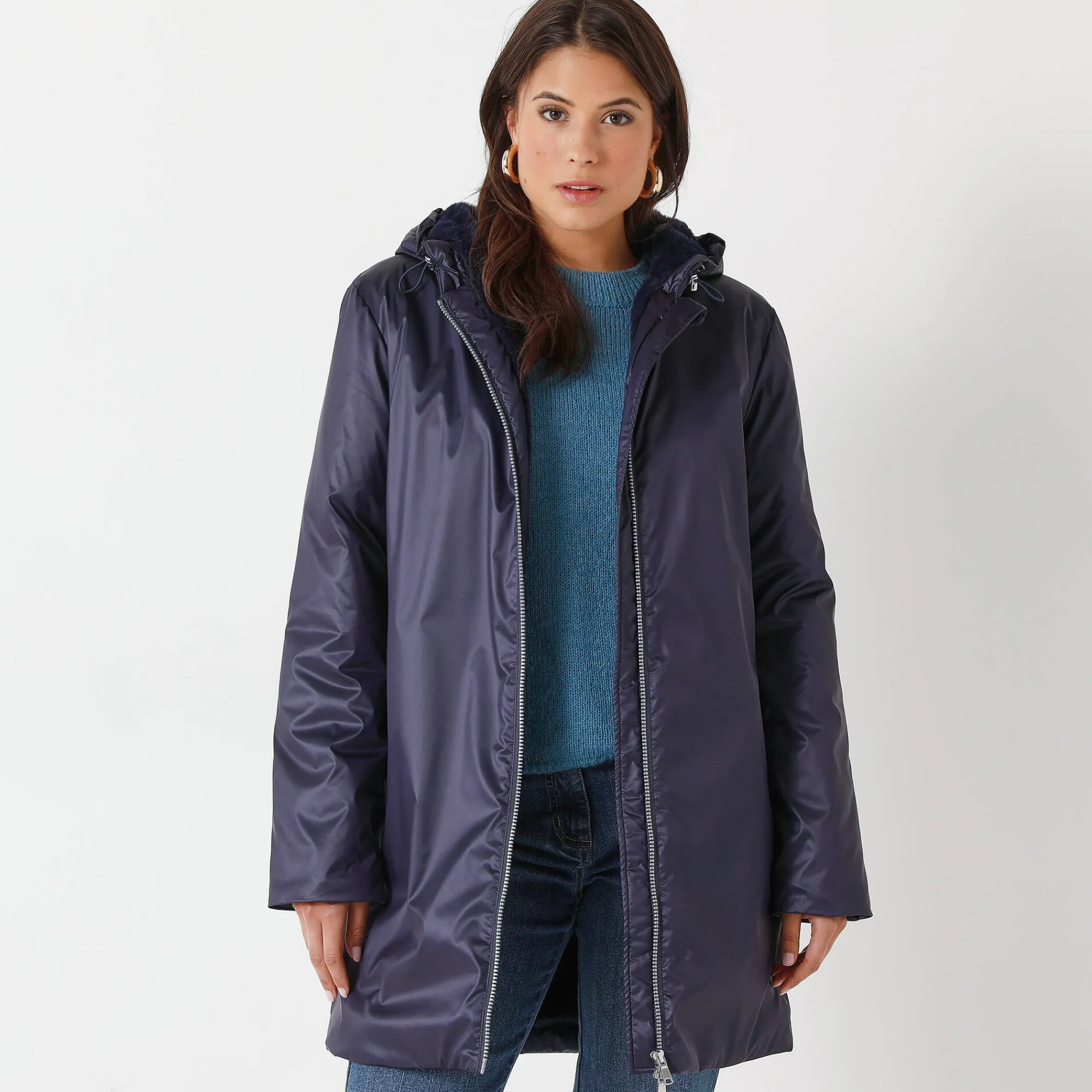 Parka En Donsjas<Blancheporte Gevoerde, waterdichte parka, halflang marine
