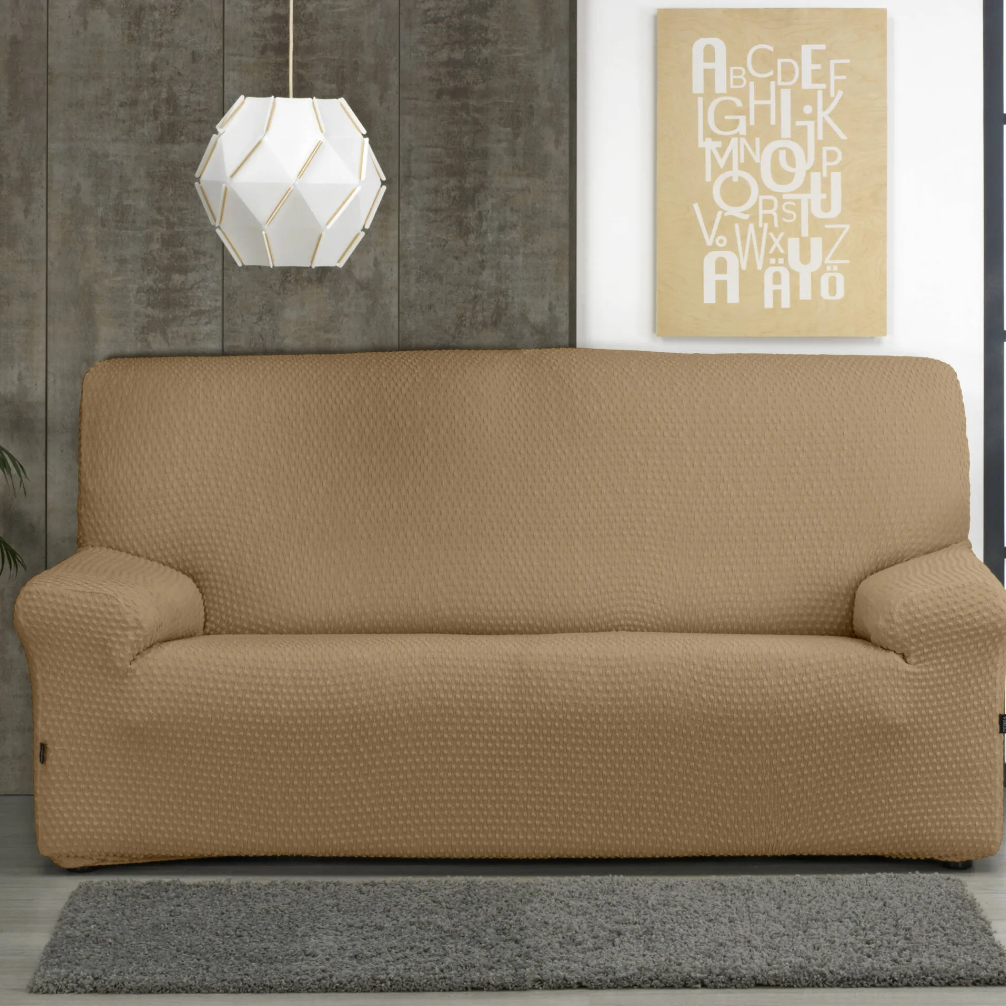 Zitbankhoes<Blancheporte Gewafelde, bi-rekbare hoes voor zitbank en fauteuil met armleuningen taupe