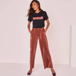Feestoutfits Dames|Broek<Blancheporte Glanzende broek, plissétricot kastanje