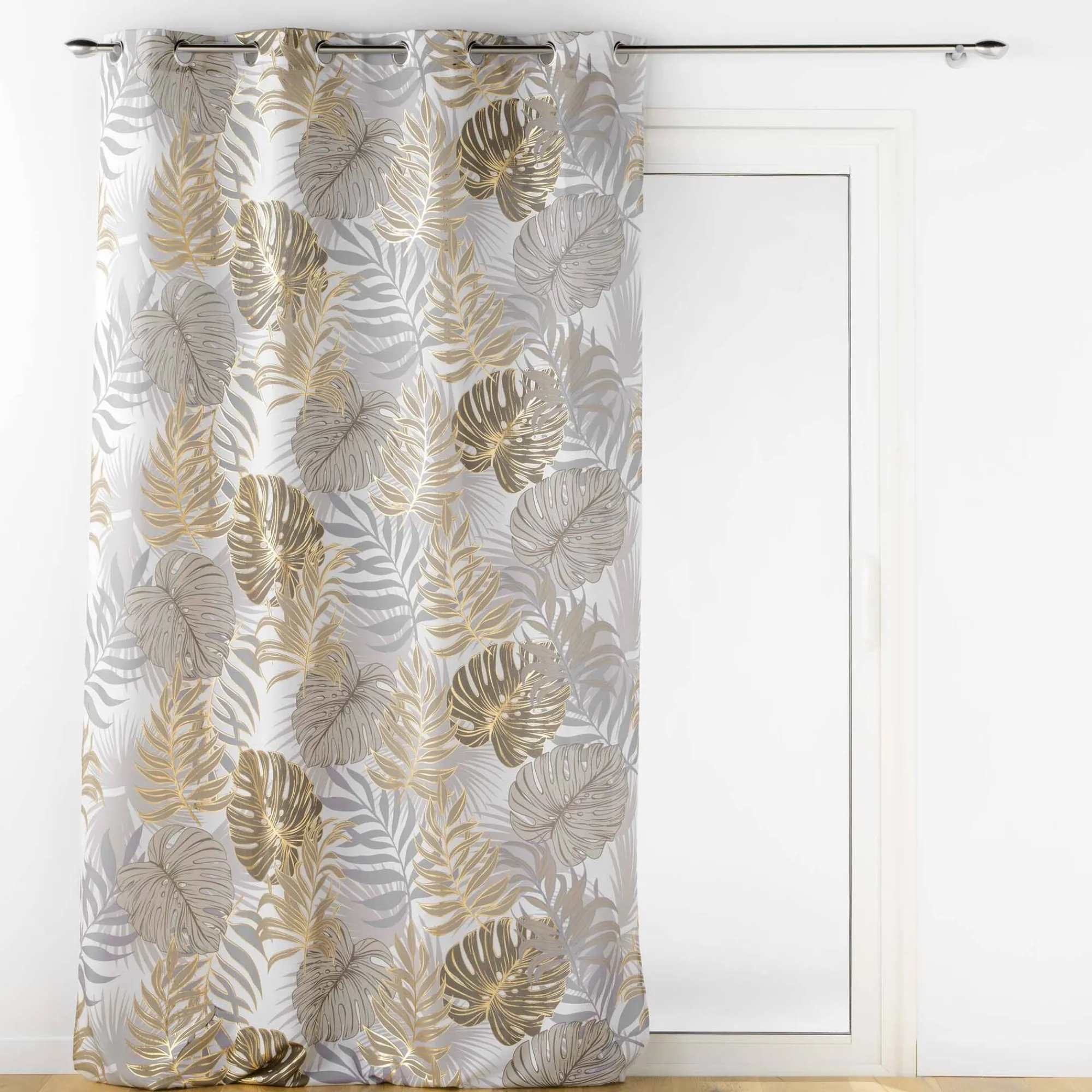 Gordijn, Glasgordijn & Store<Blancheporte Gordijn met metallic bladerenprint grijs / goudkleurig