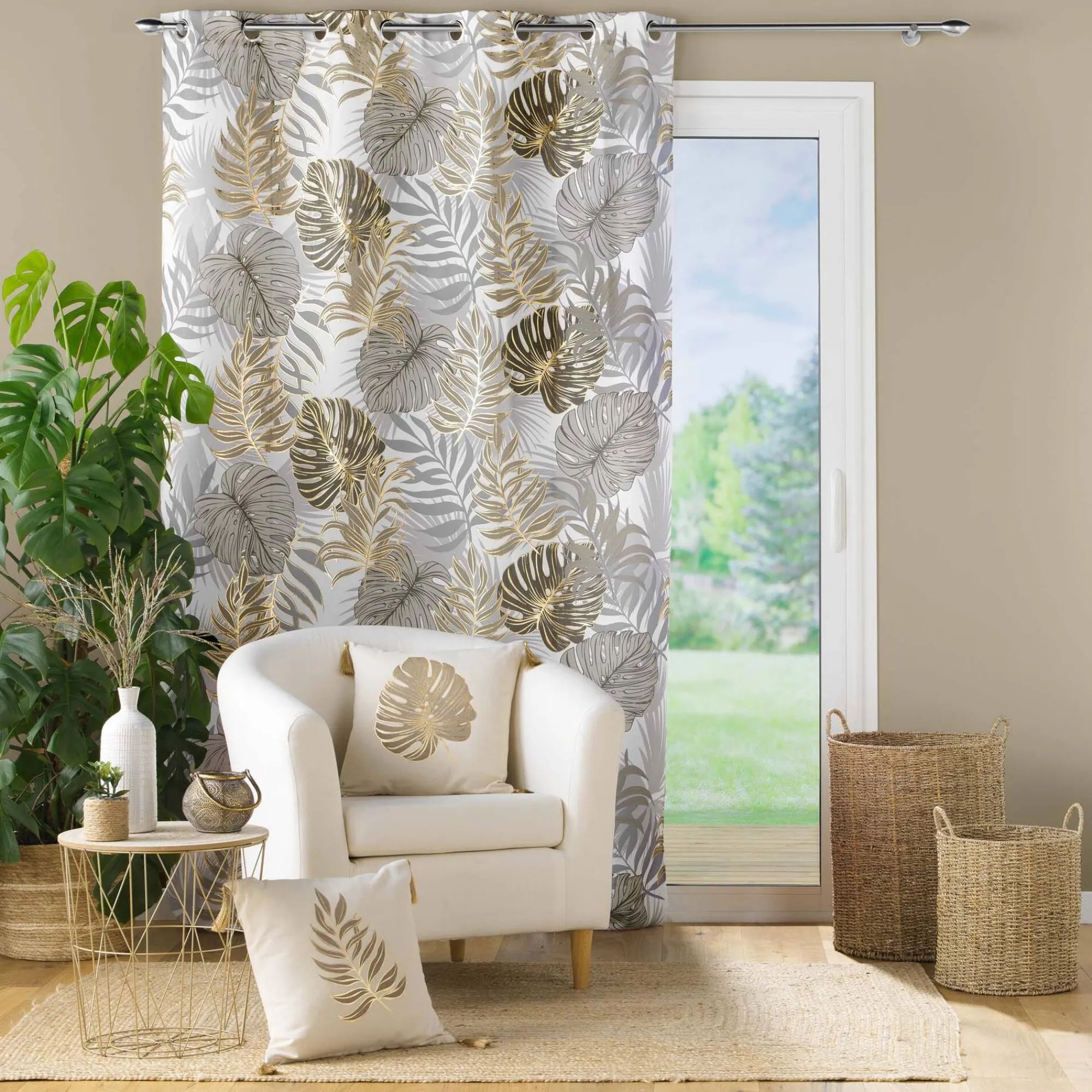 Gordijn, Glasgordijn & Store<Blancheporte Gordijn met metallic bladerenprint grijs / goudkleurig