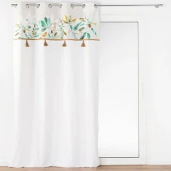 Gordijn, Glasgordijn & Store<Blancheporte Gordijn met pompons en bloemen wit / groen / goudkleurig