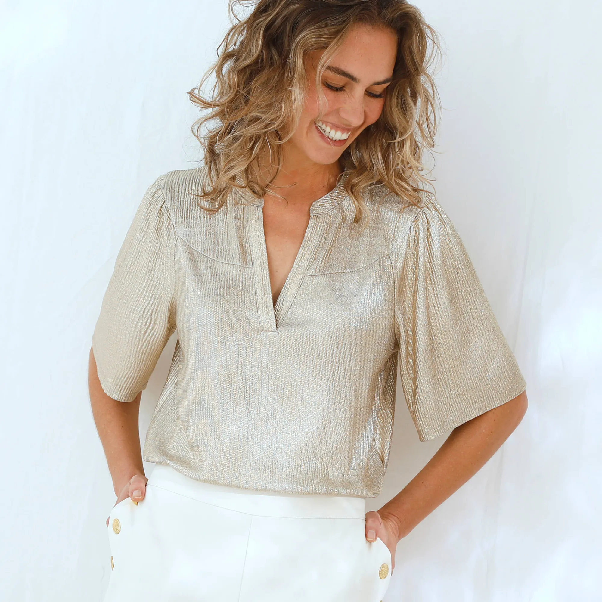 T-Shirt En Topje<Blancheporte T-shirt met mouwen op ellebooglengte, fantasietricot met plissé goudkleurig
