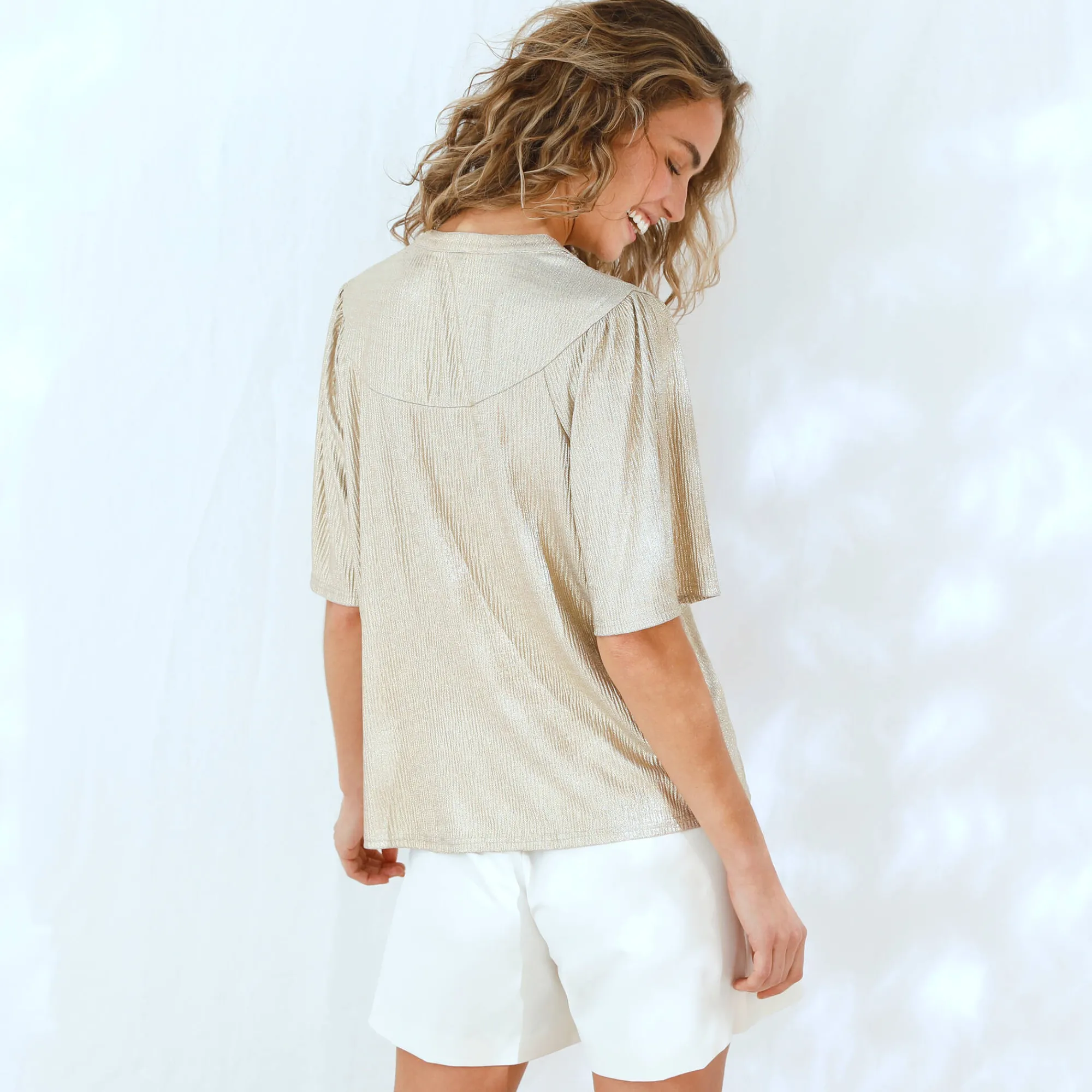 T-Shirt En Topje<Blancheporte T-shirt met mouwen op ellebooglengte, fantasietricot met plissé goudkleurig