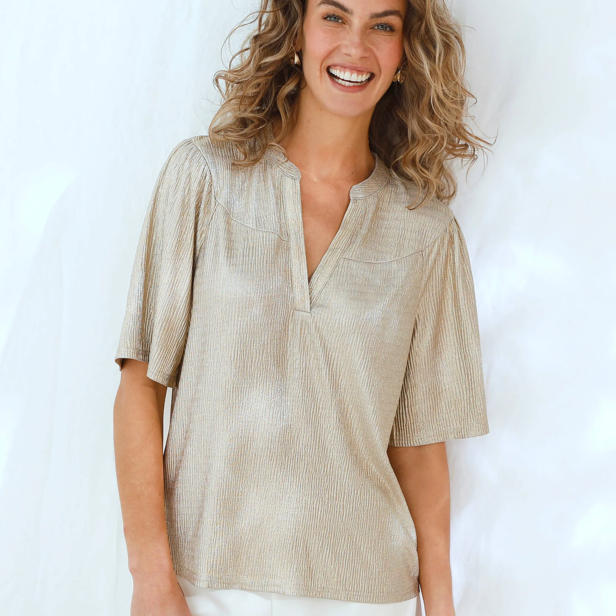 T-Shirt En Topje<Blancheporte T-shirt met mouwen op ellebooglengte, fantasietricot met plissé goudkleurig