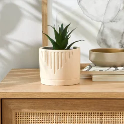 Decoratieartikel<Blancheporte Groene kunstplant en pot in cement beige