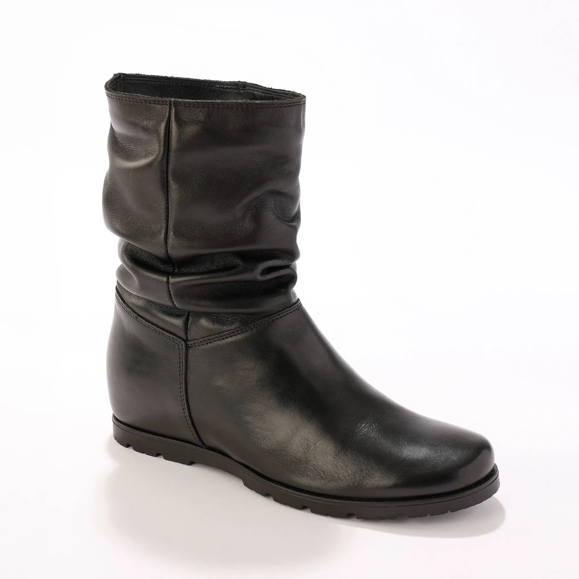 Laarzen|Schoenen<Blancheporte Halfhoge laarzen met plissé, in leer met onzichtbare doorloopzool - zwart