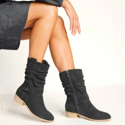 Laarzen|Schoenen<Blancheporte Halfhoge laarzen met plissé en hakje met houteffect zwart