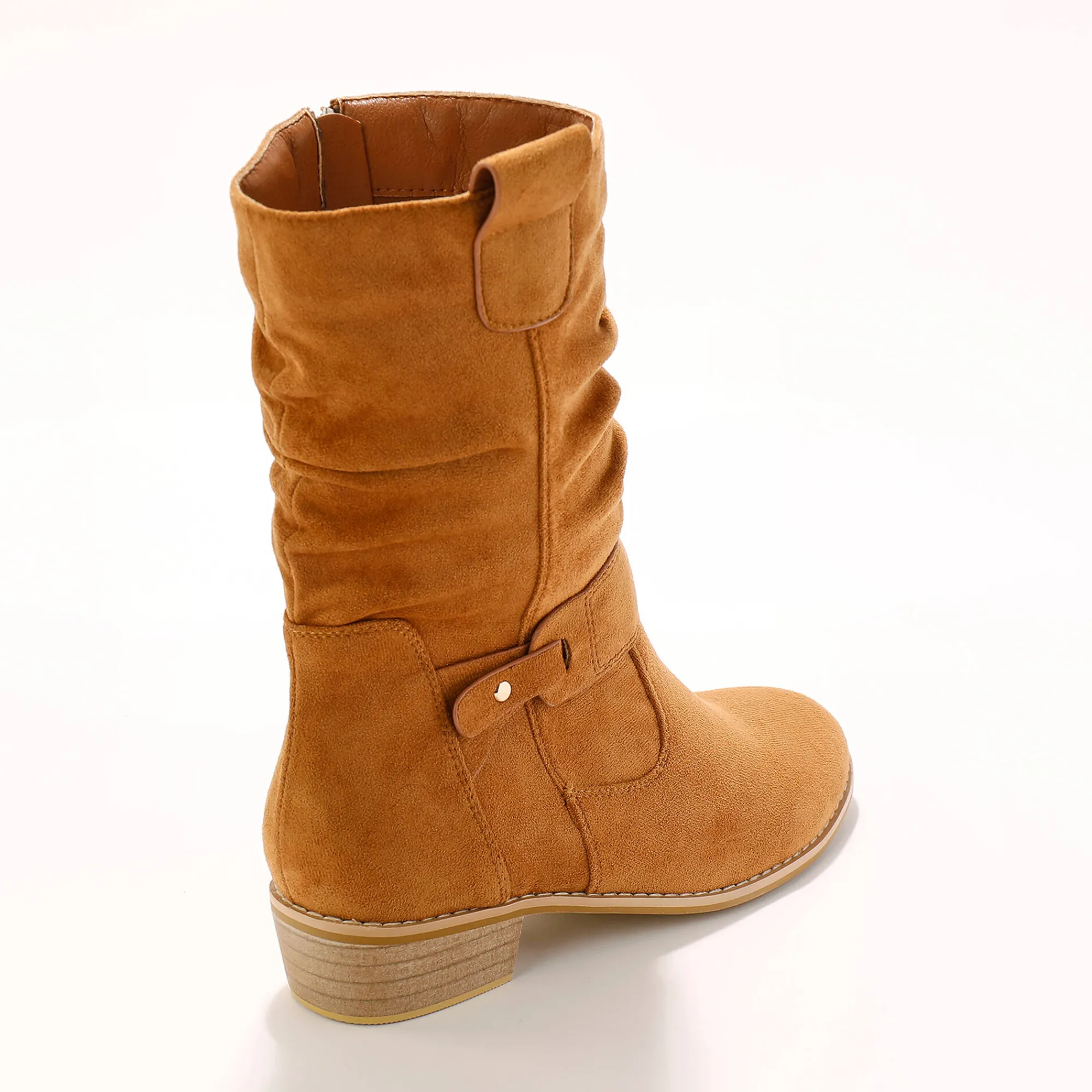 Laarzen|Schoenen<Blancheporte Halfhoge laarzen met plissé en hakje met houteffect karamel