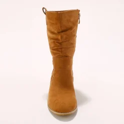 Laarzen|Schoenen<Blancheporte Halfhoge laarzen met plissé en hakje met houteffect karamel