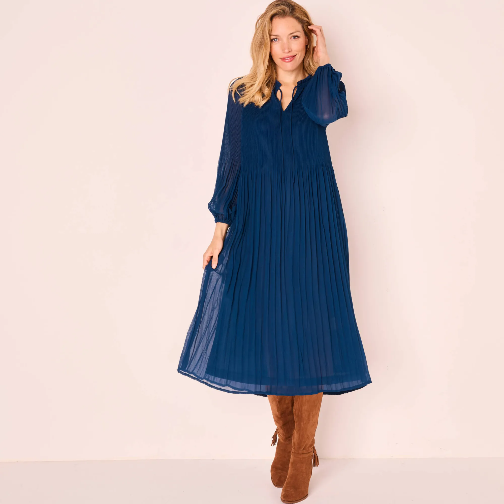Feestoutfits Dames|Jurk<Blancheporte Halflange effen jurk, plissévoile nachtblauw