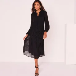 Feestoutfits Dames|Jurk<Blancheporte Halflange effen jurk, plissévoile zwart