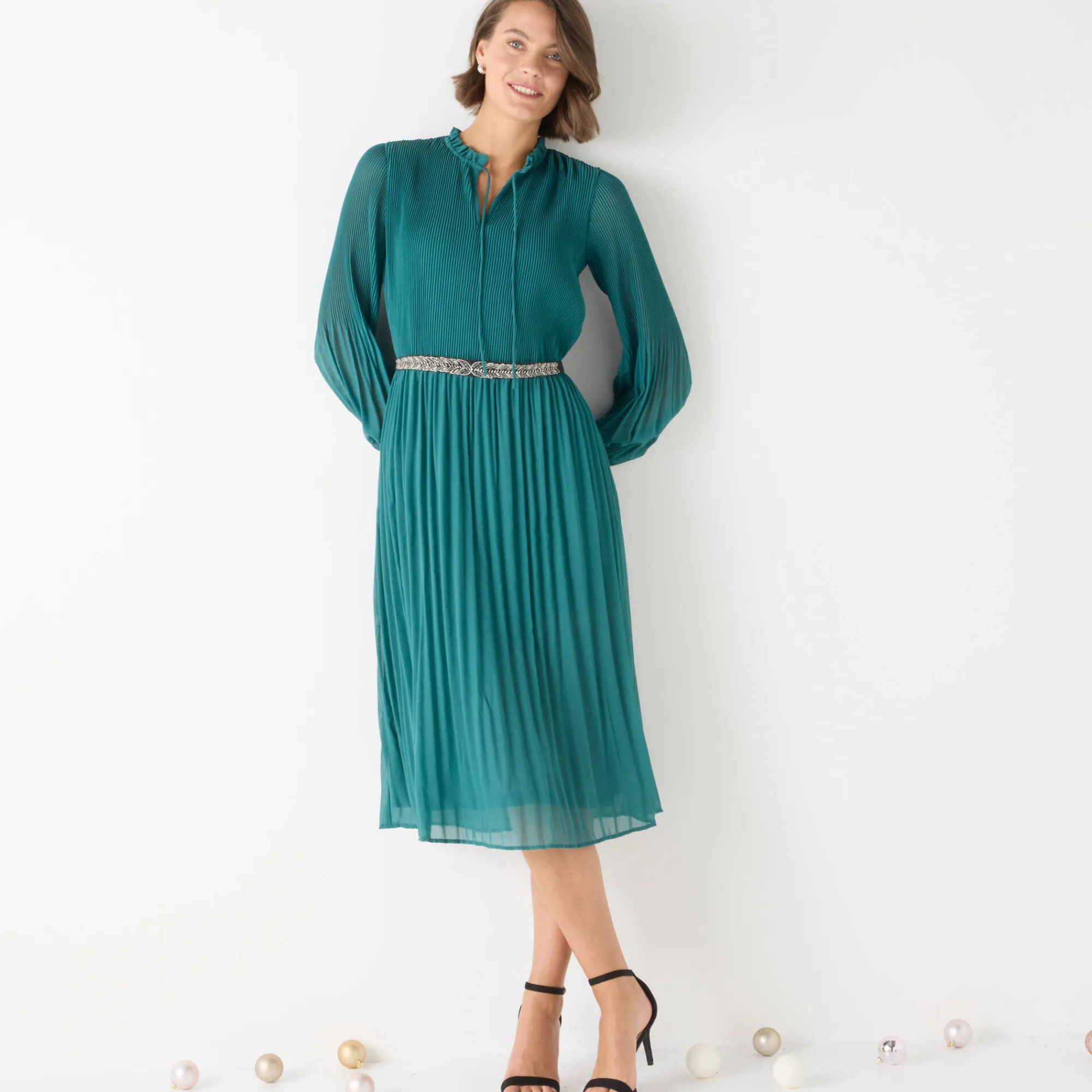 Feestoutfits Dames|Jurk<Blancheporte Halflange effen jurk, plissévoile smaragd