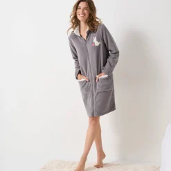 Peignoir En Kamerjas<Blancheporte Halflange kamerjas met rits, in fleece, 'konijn' borduursel grijs / ecru