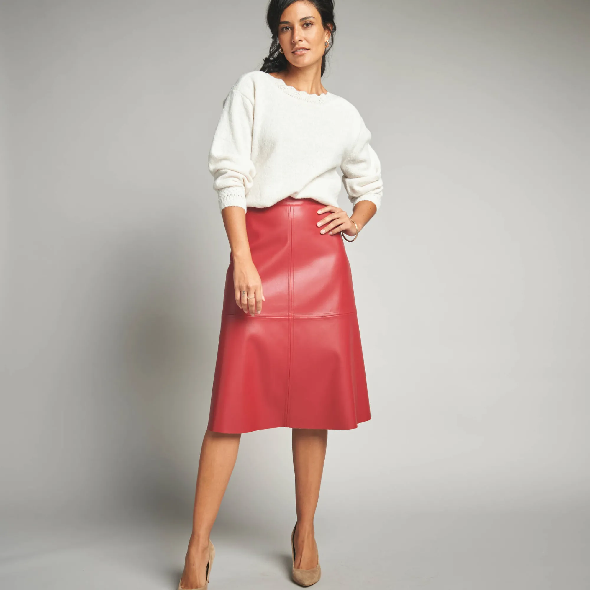 Rok<Lora Zellini Halflange, uitlopende rok, gecoat aspect bordeaux