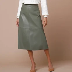 Rok<Lora Zellini Halflange, uitlopende rok, gecoat aspect kaki