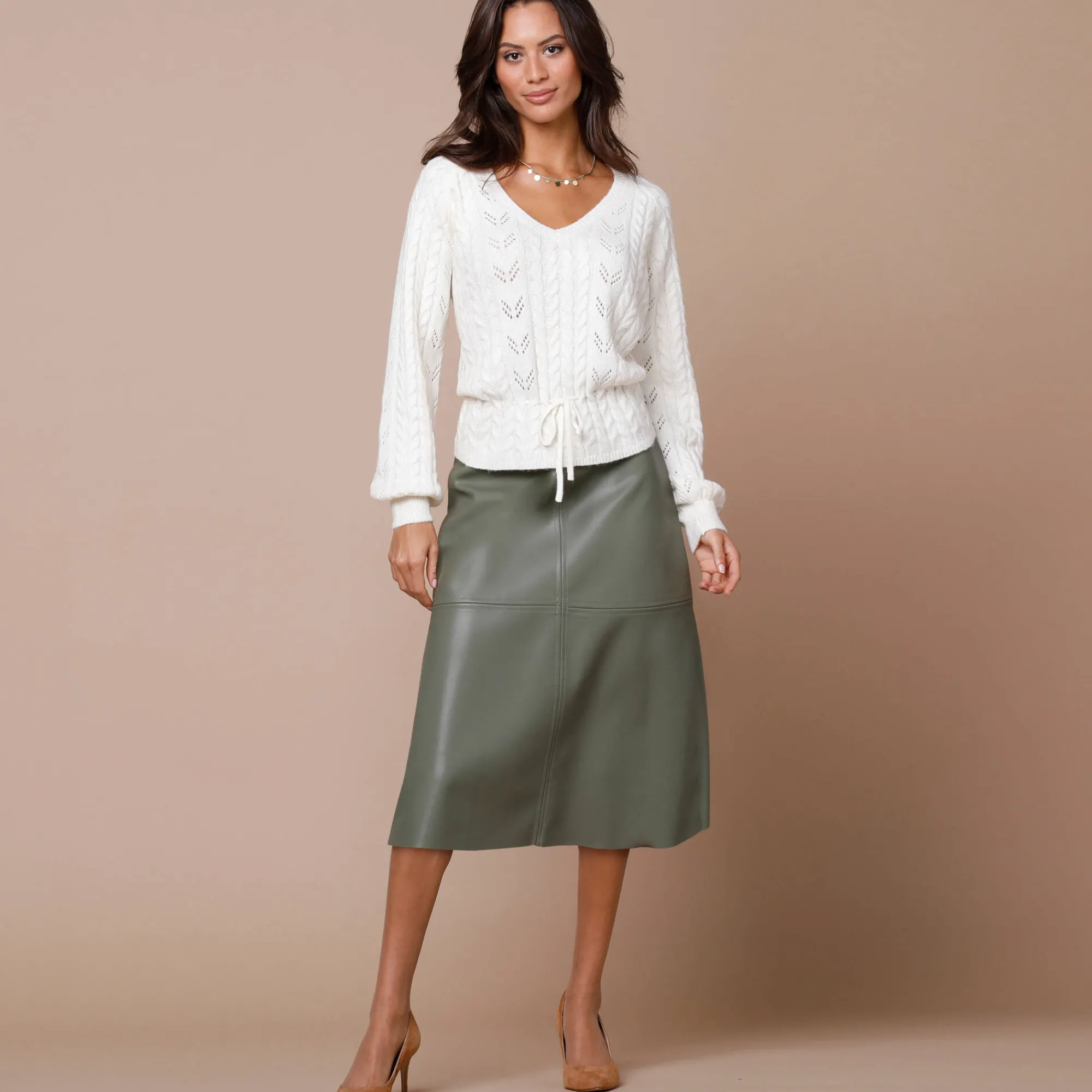 Rok<Lora Zellini Halflange, uitlopende rok, gecoat aspect kaki