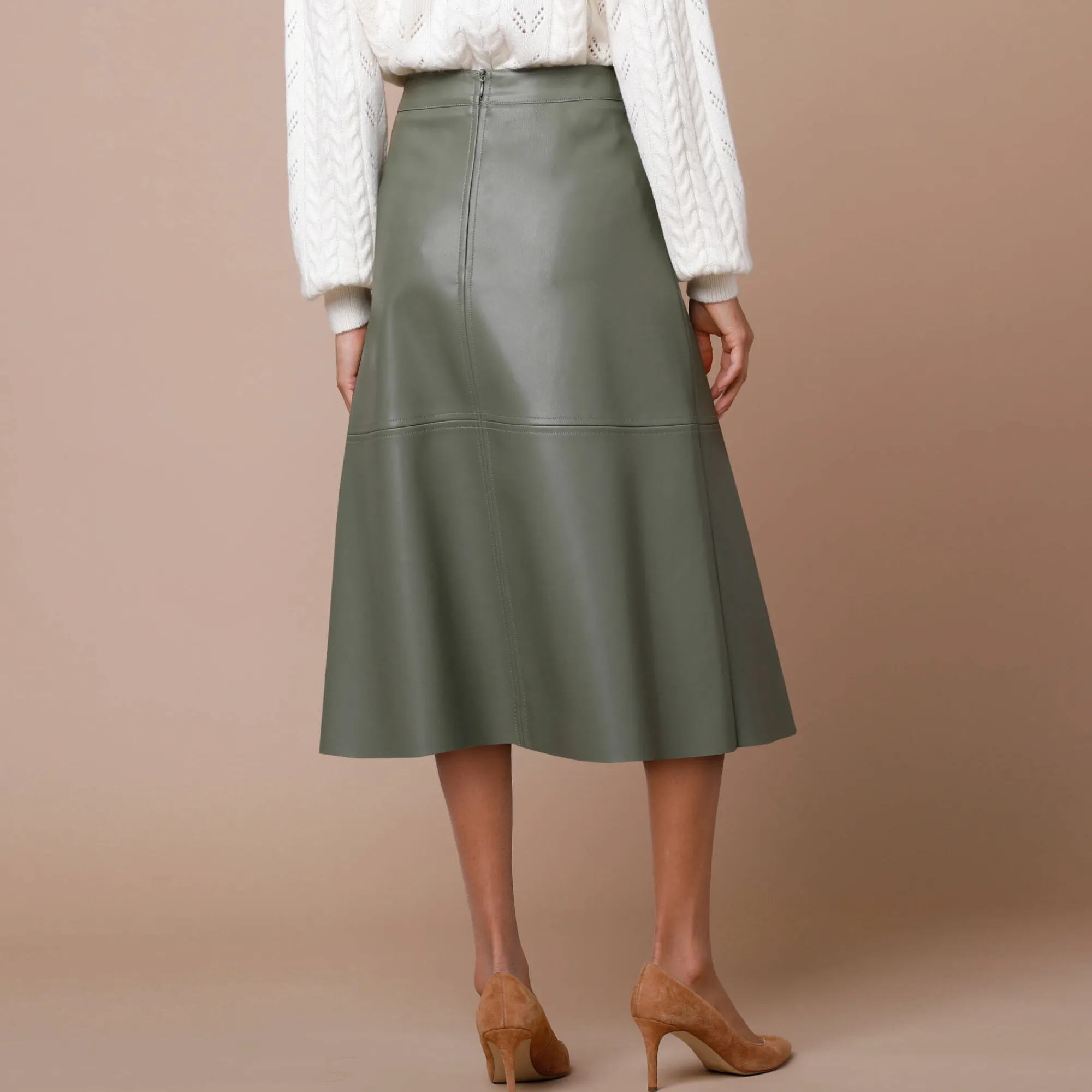 Rok<Lora Zellini Halflange, uitlopende rok, gecoat aspect kaki