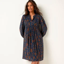 Jurk<Blancheporte Hoesjurk met maokraagje, bedrukte crepon blauw / chocolade