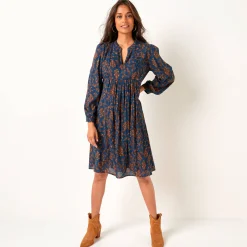 Jurk<Blancheporte Hoesjurk met maokraagje, bedrukte crepon blauw / chocolade