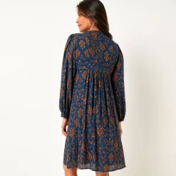 Jurk<Blancheporte Hoesjurk met maokraagje, bedrukte crepon blauw / chocolade