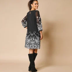 Feestoutfits Dames|Jurk<Lora Zellini Hoesjurk, voile met bloemenprint zwart / grijs