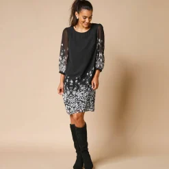 Feestoutfits Dames|Jurk<Lora Zellini Hoesjurk, voile met bloemenprint zwart / grijs