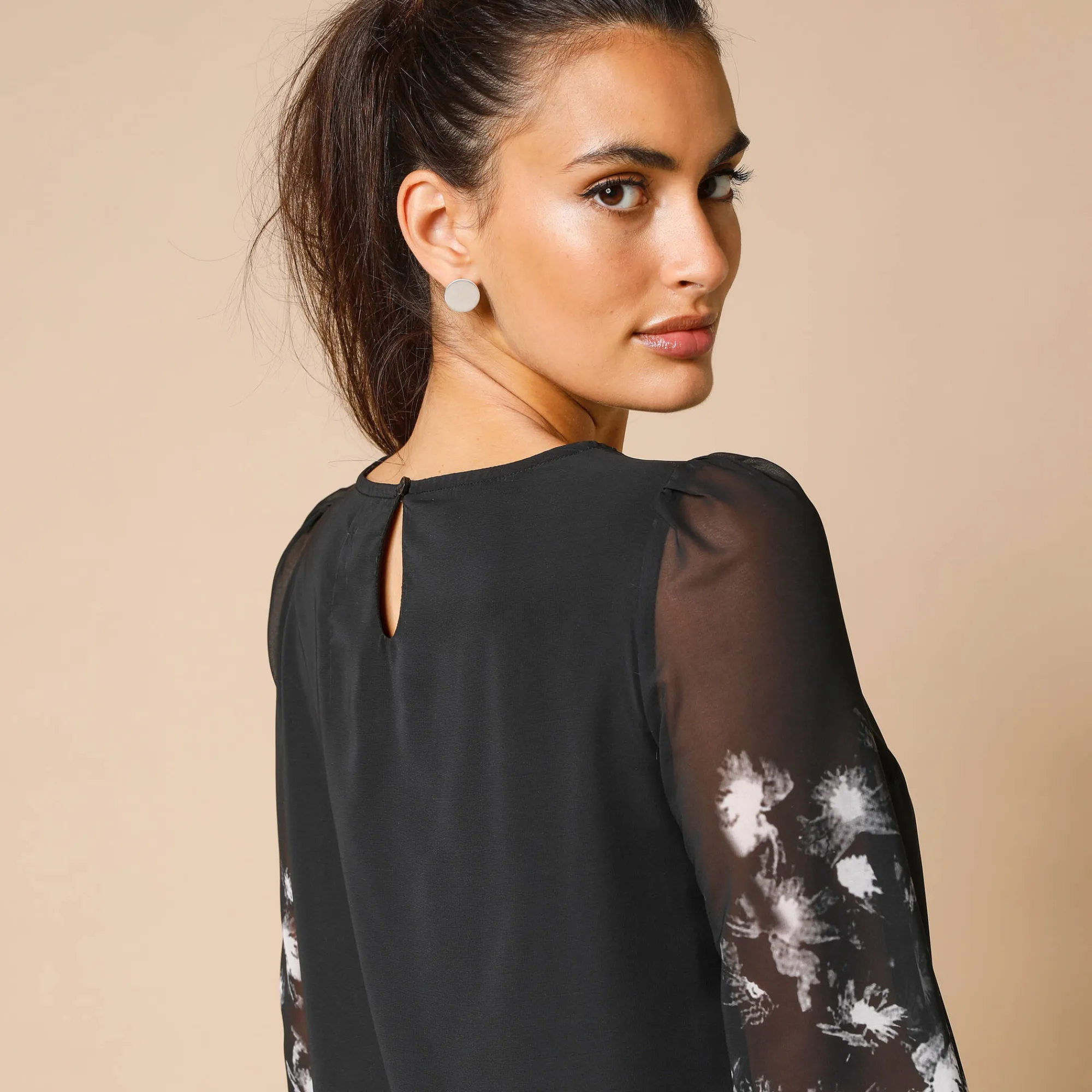 Feestoutfits Dames|Jurk<Lora Zellini Hoesjurk, voile met bloemenprint zwart / grijs