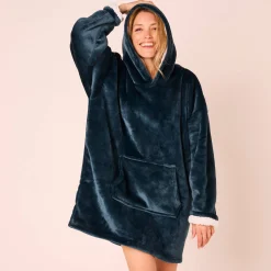 Plaid<Blancheporte Hoodie-plaid in fleece met kap en sherpavoering grijsblauw