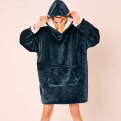 Plaid<Blancheporte Hoodie-plaid in fleece met kap en sherpavoering grijsblauw