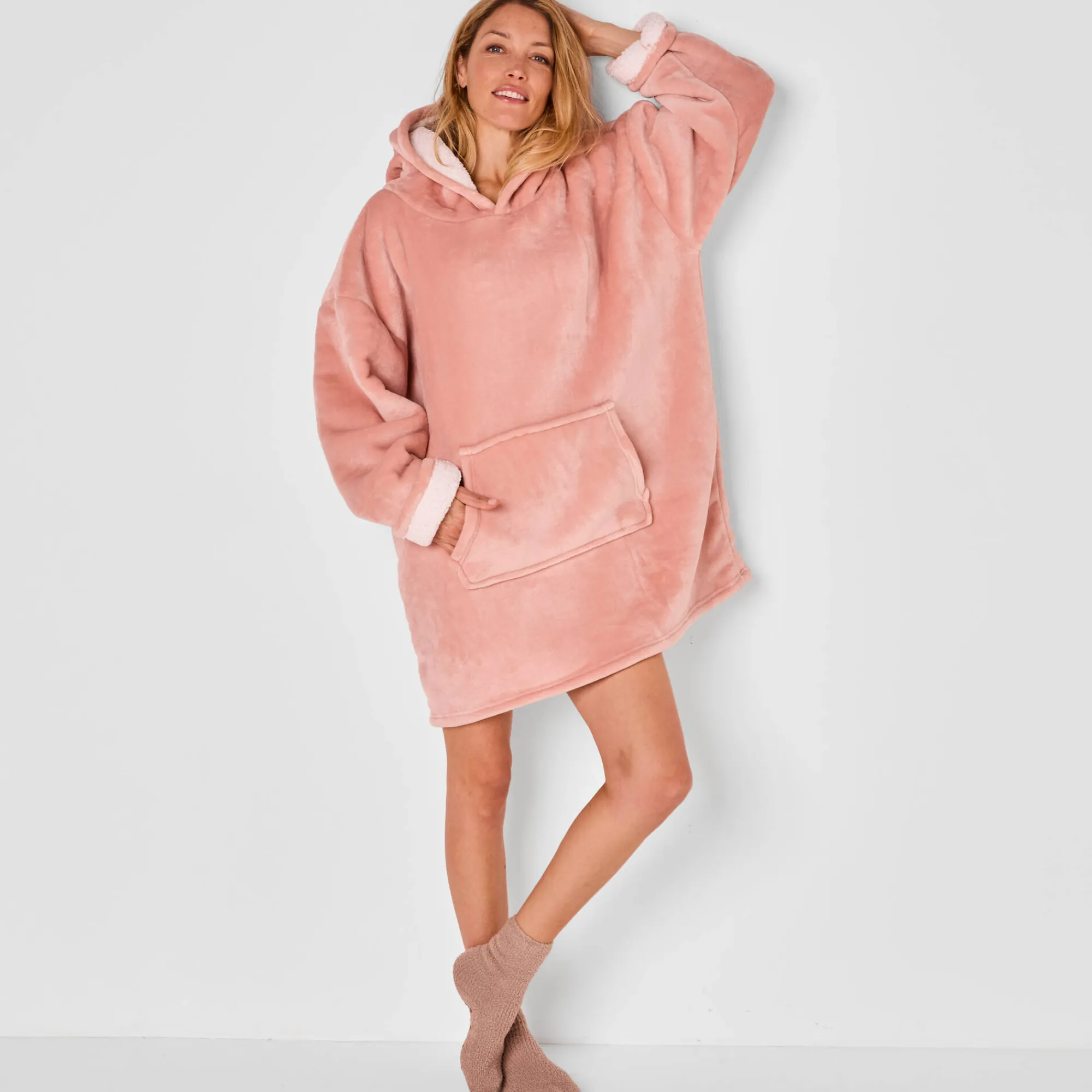 Plaid<Blancheporte Hoodie-plaid in fleece met kap en sherpavoering roze