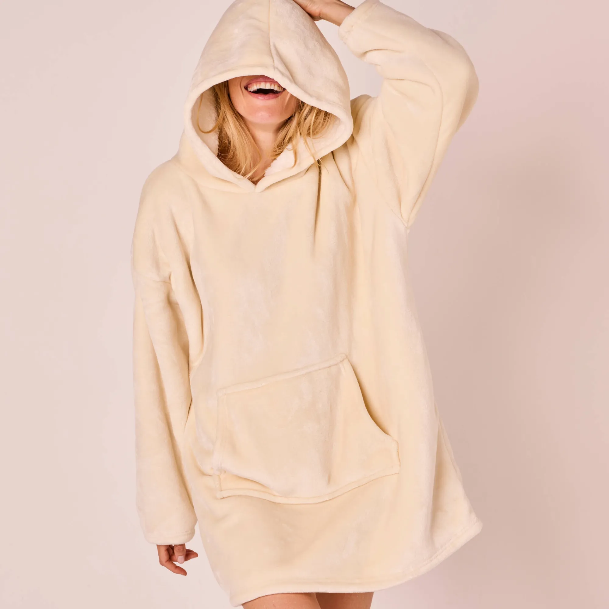 Plaid<Blancheporte Hoodie-plaid in fleece met kap en sherpavoering ecru
