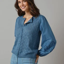Trui En Vest<Lora Zellini 2-in-1 vest in 2 materialen, ajourtricot en geborduurde mouwen van katoen blauw