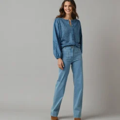 Trui En Vest<Lora Zellini 2-in-1 vest in 2 materialen, ajourtricot en geborduurde mouwen van katoen blauw