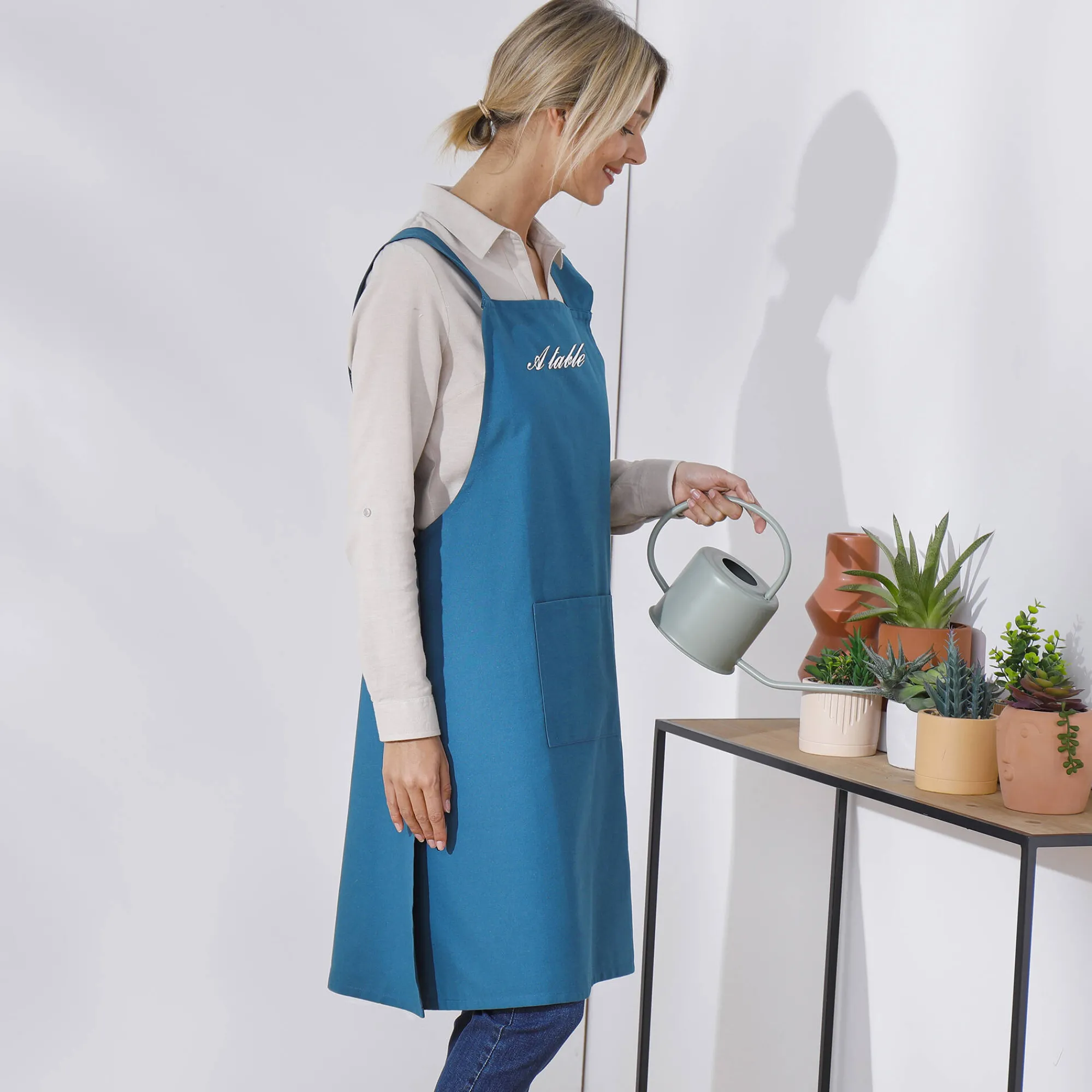 Schorten<Blancheporte Japanse keukenschort in effen katoen, personaliseerbaar blauw